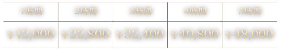 1時間￥12,000・2時間￥22,800・3時間￥32,400・4時間￥40,800・5時間￥48,000